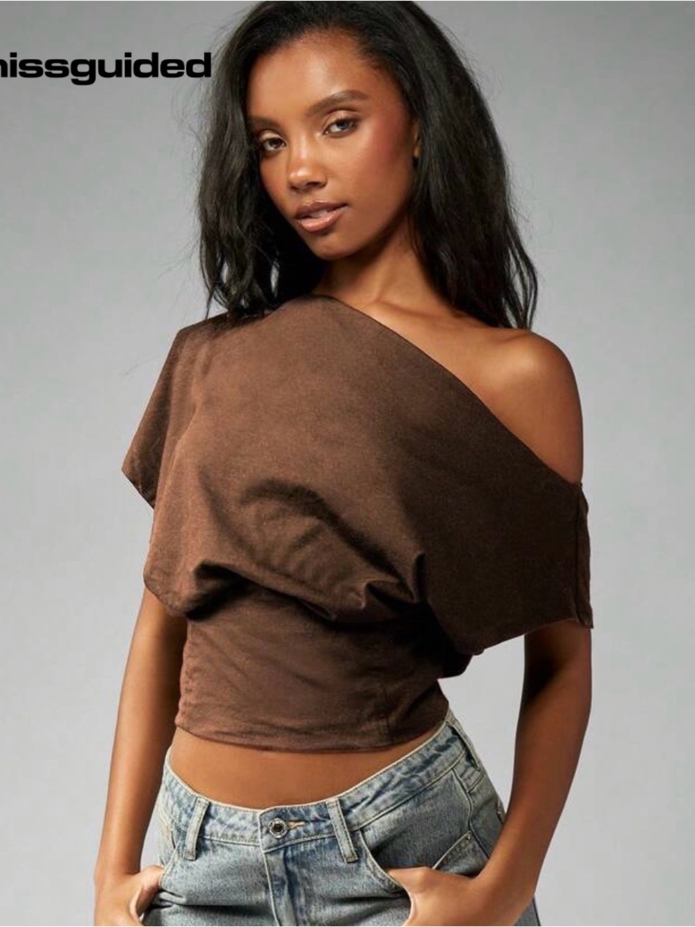 Missguided Brown One-Shoulder Cropped Top